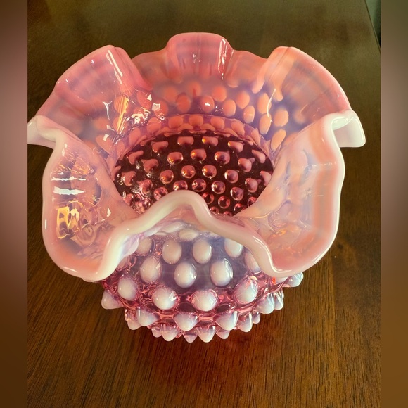 Fenton Cranberry Opalescent Hobnail Double Crimped Rose Bowl Vase Vintage - Picture 3 of 12